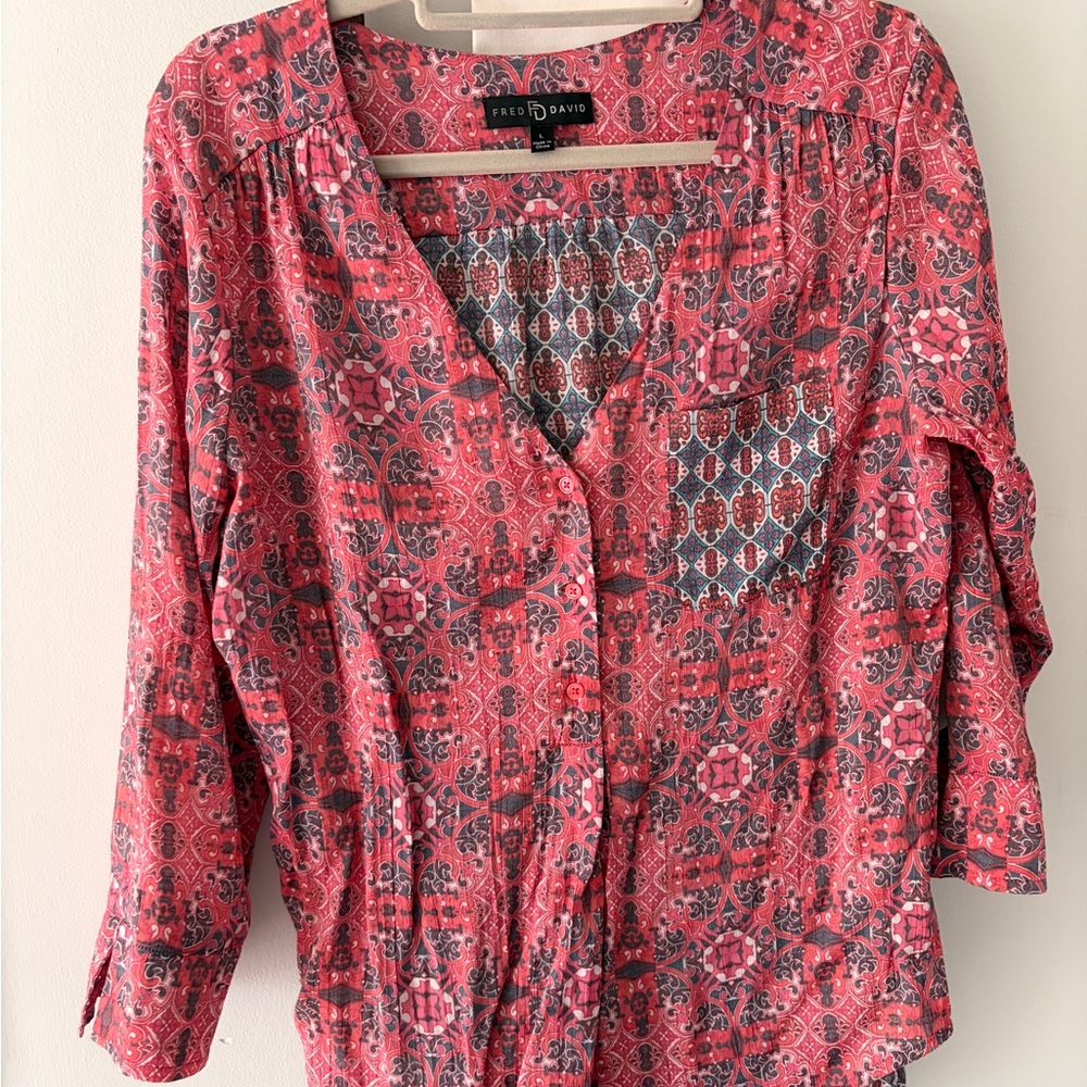 Fred David Red and Gray Patterned Blouse
